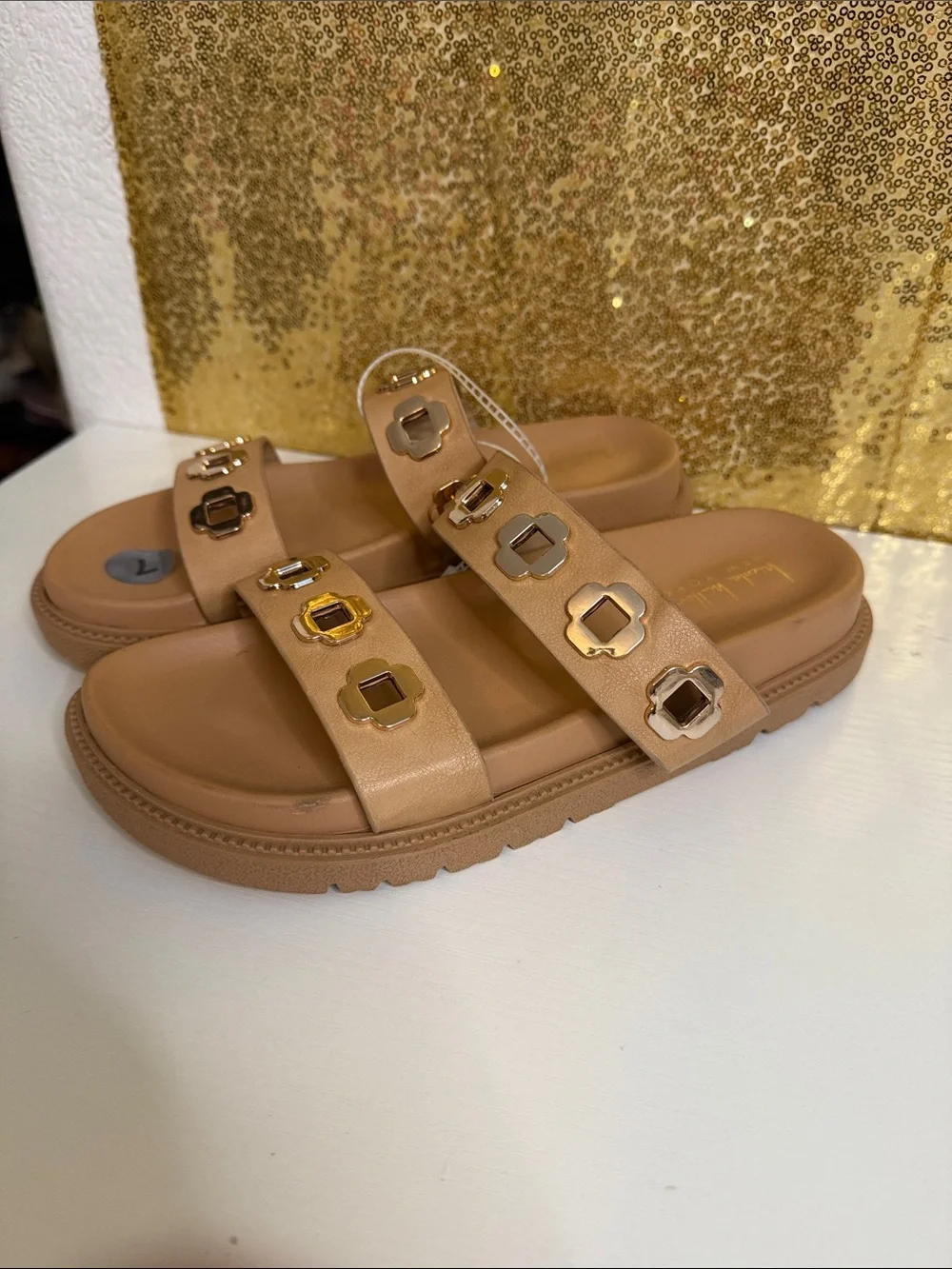 Kendra Scott Tan Double-Strap Slide Sandals with Metallic Accent Studs